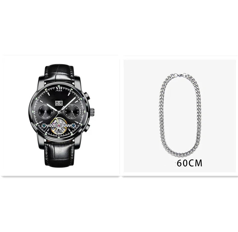 Black leather strap wristwatch with black dial and chronograph features next to a 60cm silver chain necklace