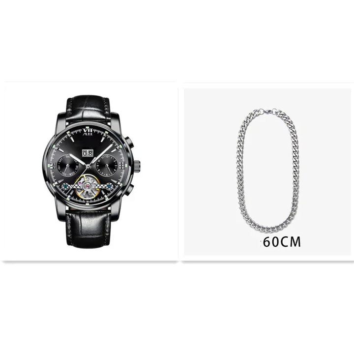 Black leather strap wristwatch with black dial and chronograph features next to a 60cm silver chain necklace