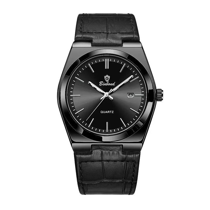 Black Binbond quartz wristwatch with black leather strap and date display on white background