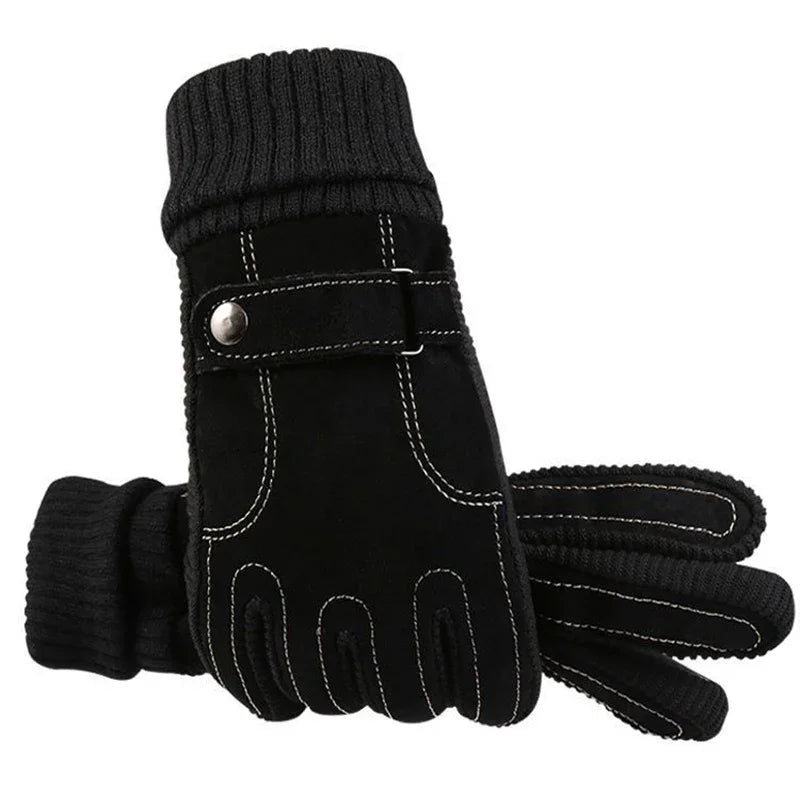 Black winter gloves with knit cuffs and decorative strap with snap button detail