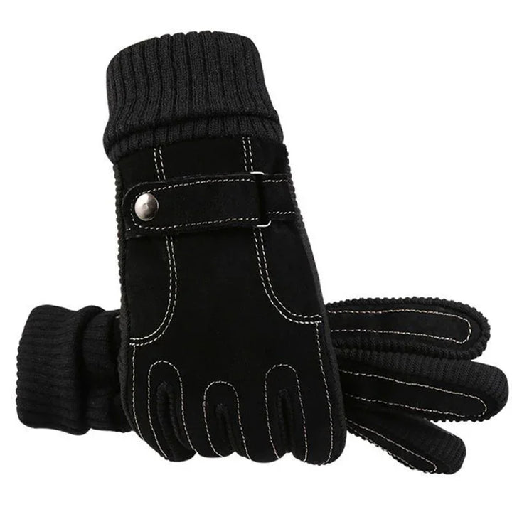 Black winter gloves with knit cuffs and decorative strap with snap button detail
