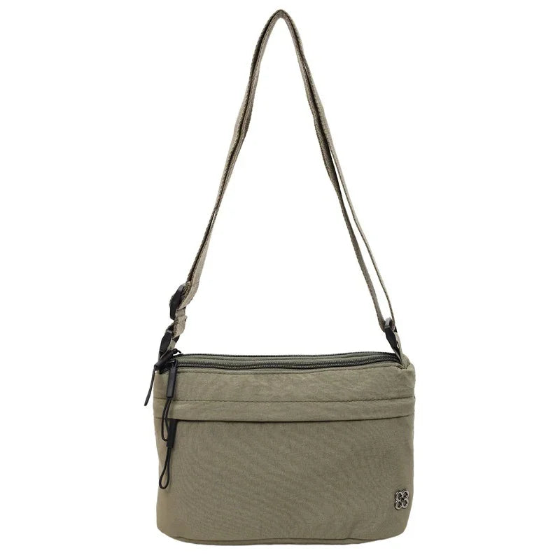 olive green shoulder bag with adjustable strap and front zipper pocket