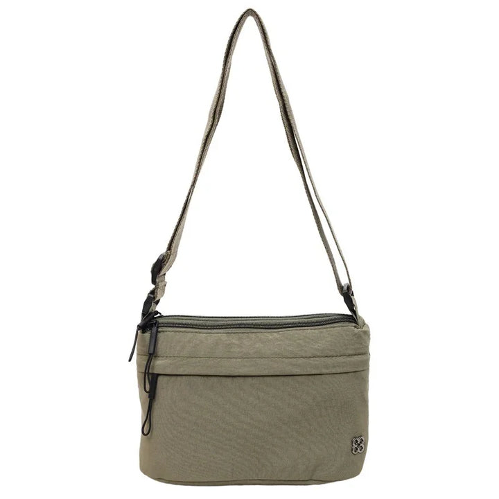 olive green shoulder bag with adjustable strap and front zipper pocket