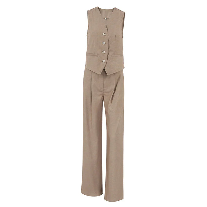 Beige sleeveless buttoned vest with matching high-waist wide-leg pants on white background