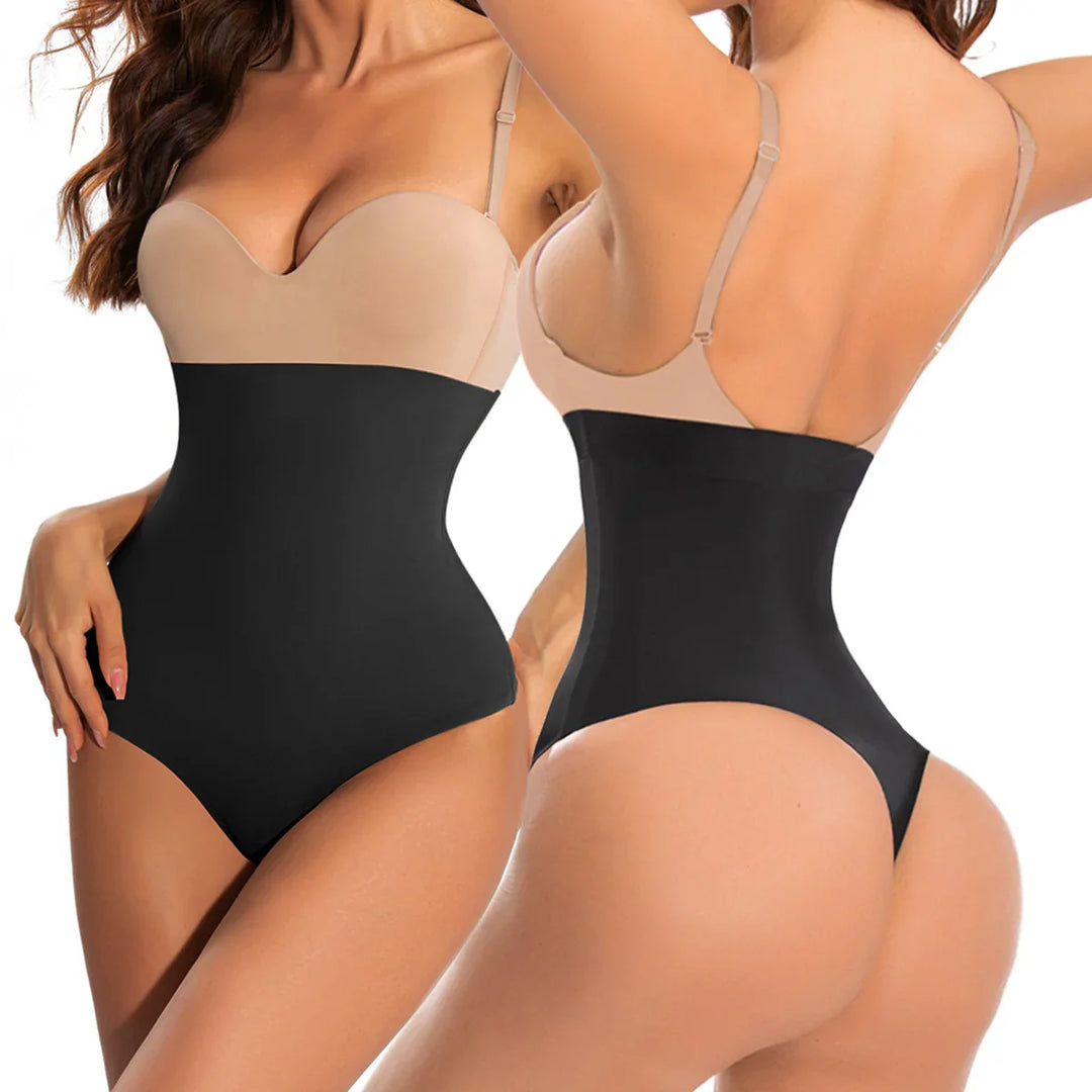 Front and back view of woman wearing nude bra and black high-waisted waist trainer shapewear