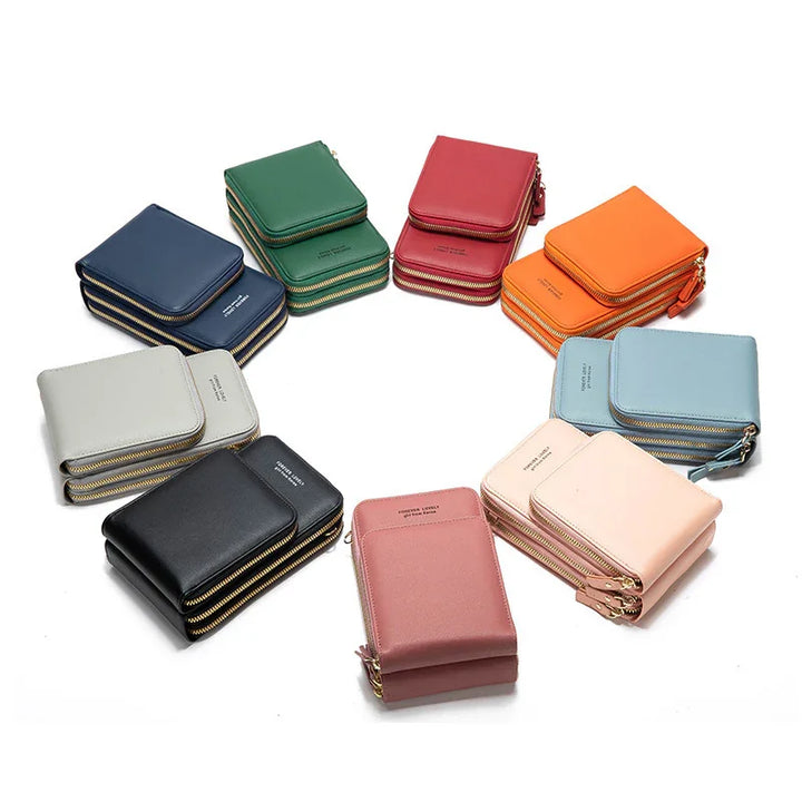 Colorful zipper wallets arranged in a circle on white background, featuring navy, green, red, orange, blue, pink, black, and gray colors