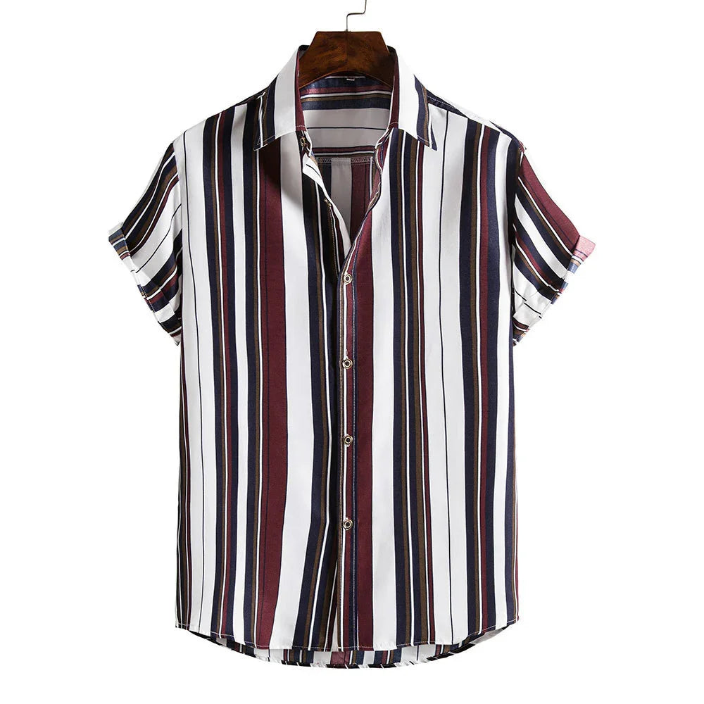 Short-sleeve button-up shirt with vertical stripes in white, navy, burgundy, and brown