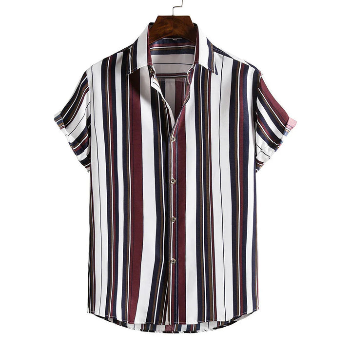 Short-sleeve button-up shirt with vertical stripes in white, navy, burgundy, and brown