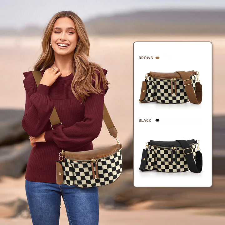 Smiling woman in maroon sweater modeling checkered crossbody bag with brown strap, shown in brown and black versions