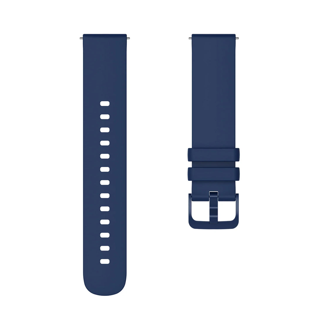 Navy blue silicone smartwatch band with holes and buckle closure isolated on white