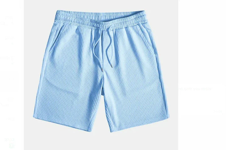 Light blue ribbed fabric men's casual shorts with elastic waistband and drawstring