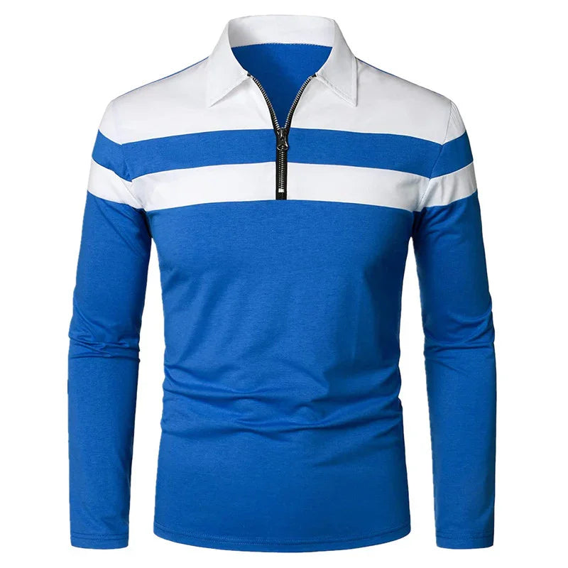 Men's long sleeve polo shirt with blue and white horizontal stripes and front zipper