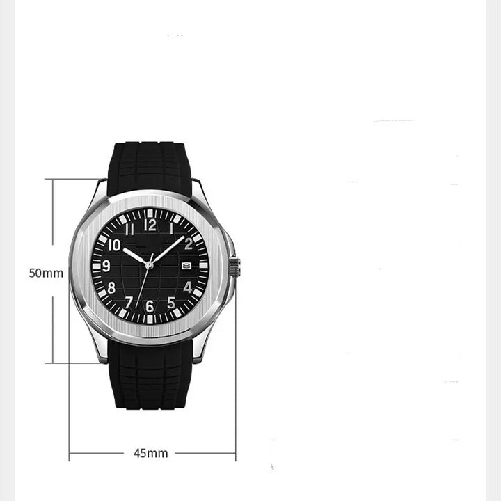 Black dial wristwatch with silver case and black rubber band showing size 50mm by 45mm