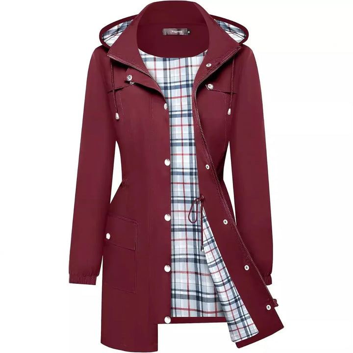 Women's burgundy waterproof raincoat with hood and plaid interior lining