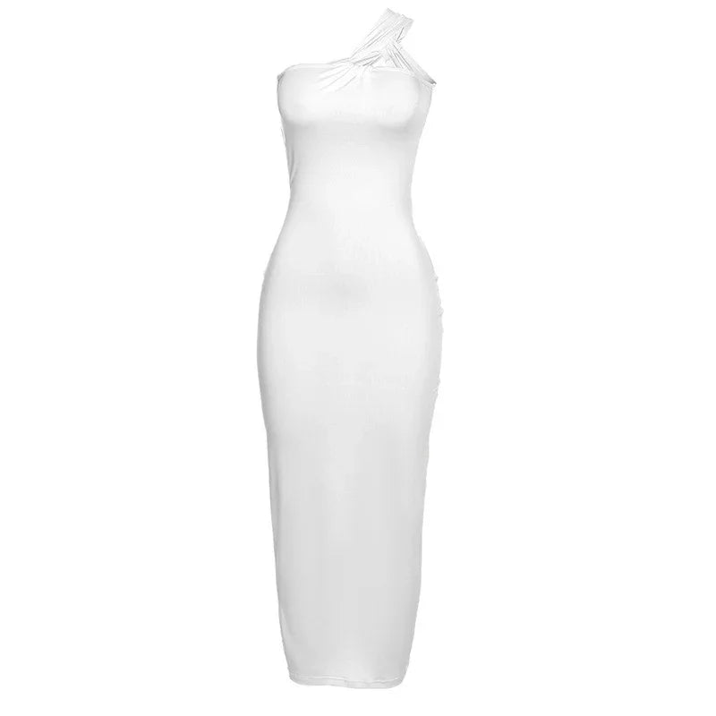 White sleeveless bodycon midi dress with asymmetrical shoulder strap detail
