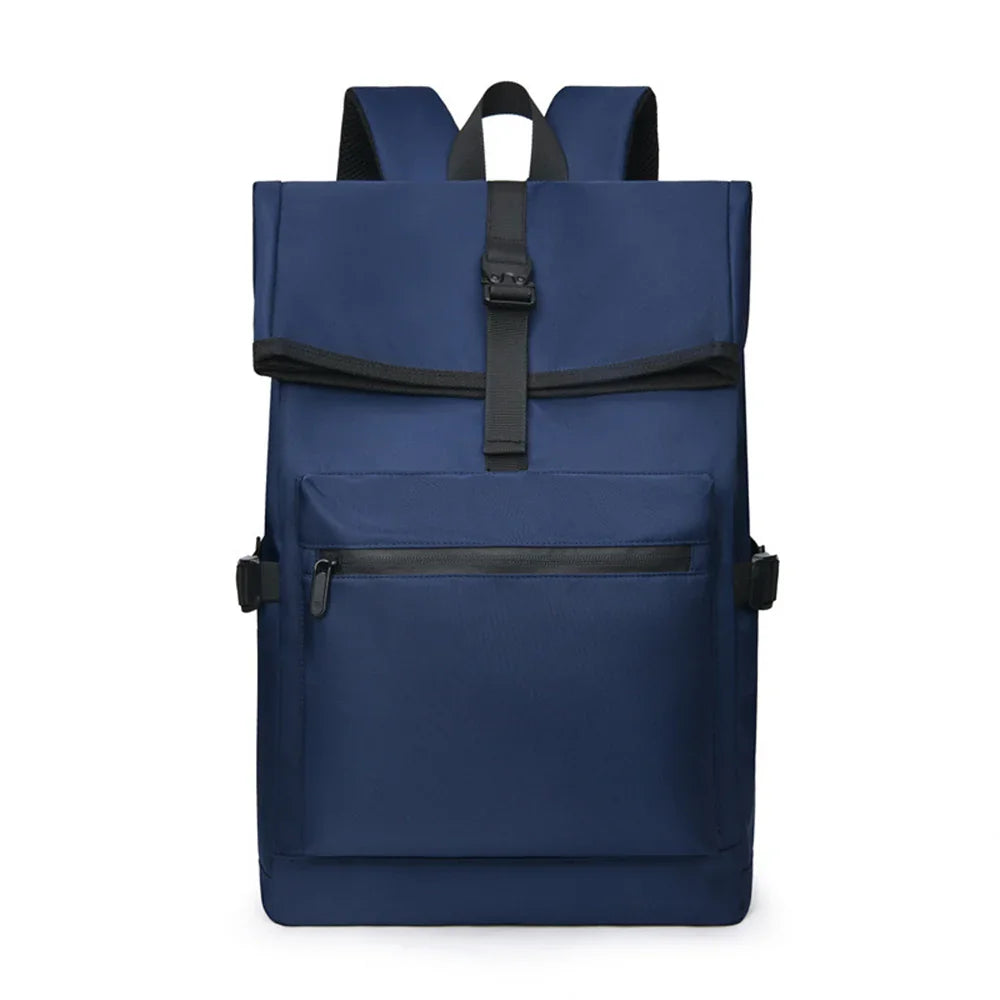Navy blue modern backpack with front zip pocket and black buckle strap