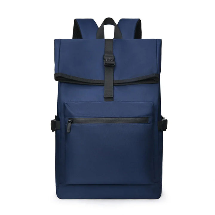Navy blue modern backpack with front zip pocket and black buckle strap