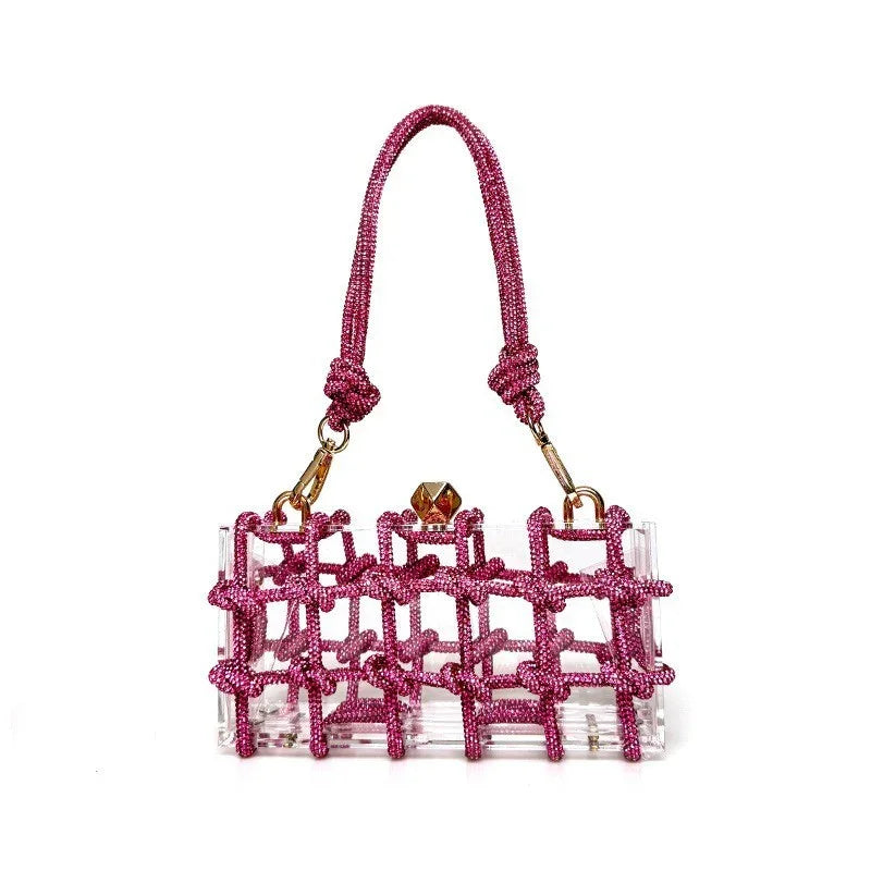 Clear acrylic handbag with pink beaded lattice design and matching beaded handle, gold clasp
