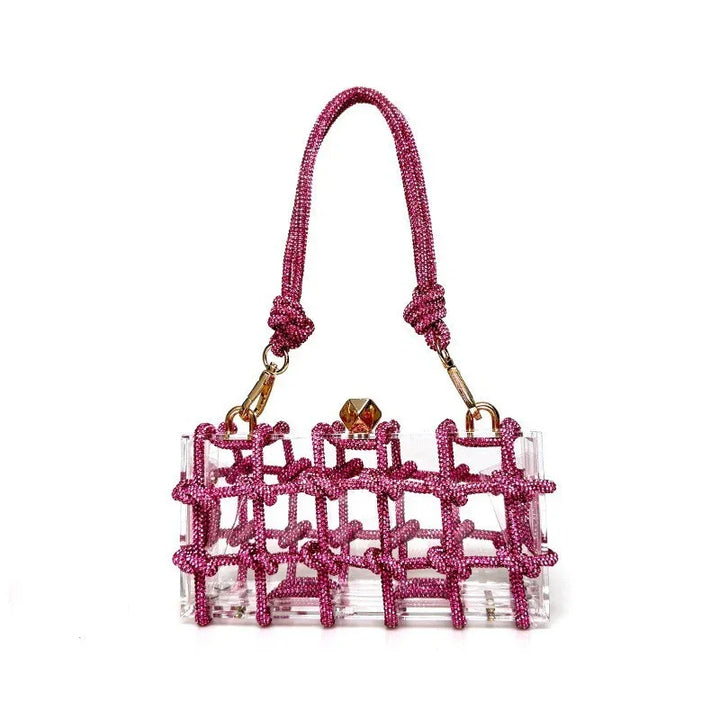 Clear acrylic handbag with pink beaded lattice design and matching beaded handle, gold clasp