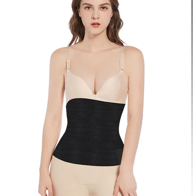 Woman wearing beige bra and shapewear waist trainer belt on white background