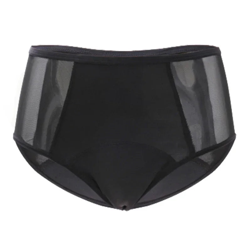 Black high-waisted women’s underwear with sheer side panels and solid front center