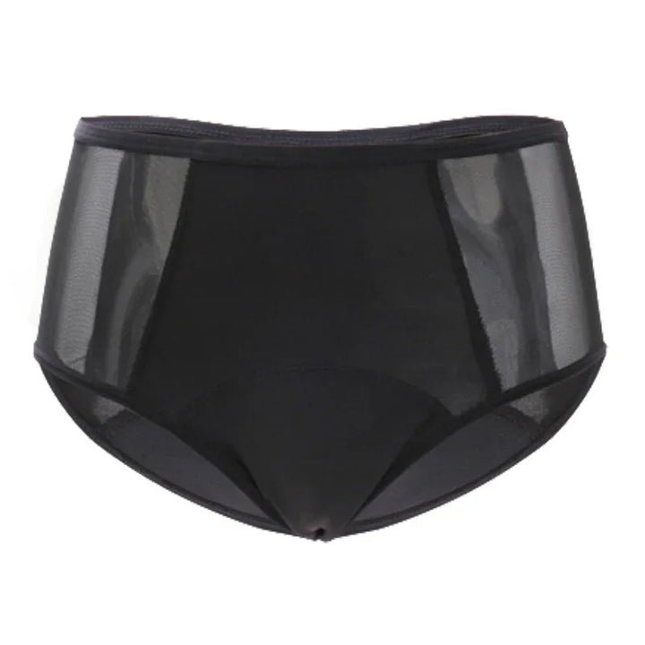 Black high-waisted women’s underwear with sheer side panels and solid front center