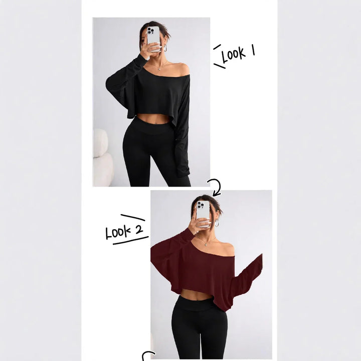 Woman modeling off-shoulder cropped tops in black and burgundy with black leggings, indoor setting