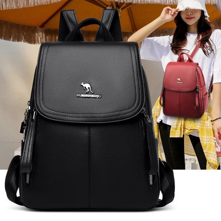 Black leather backpack with kangaroo logo, stylish women's casual bag with zippers, red version shown worn by woman