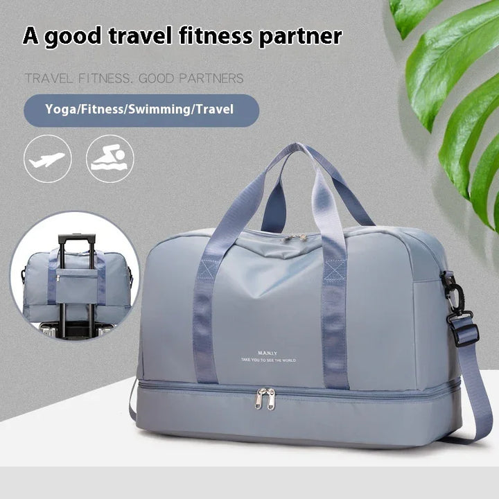 Gray travel fitness duffel bag with shoulder strap for yoga, gym, swimming, travel