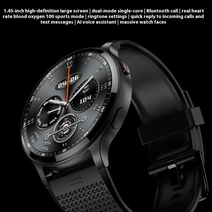 Black smart watch with round 1.45-inch display showing time, date, and health tracking features