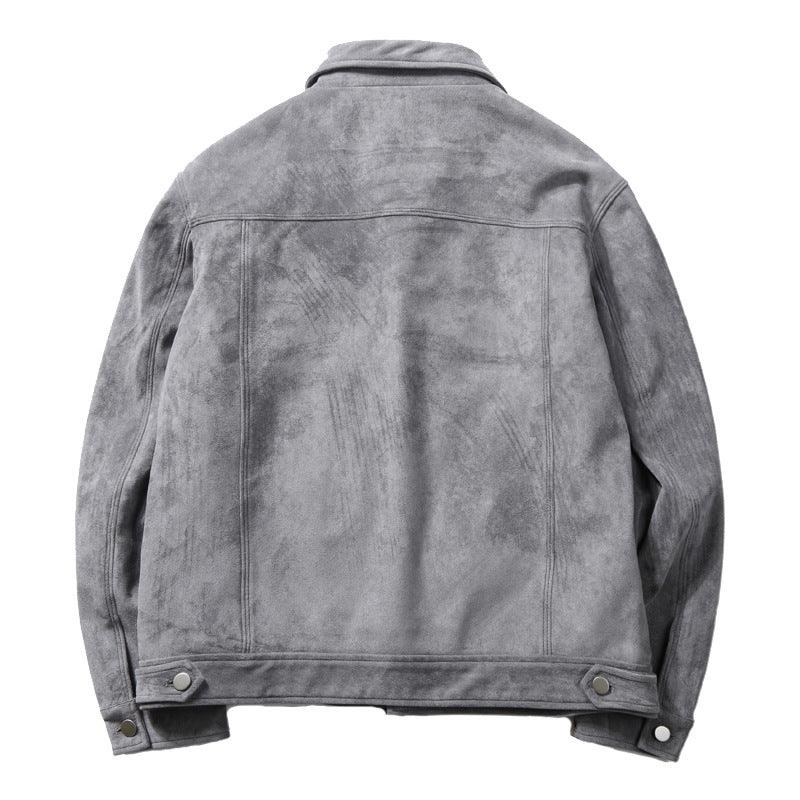 Back view of a gray suede jacket with buttoned cuffs on a white background