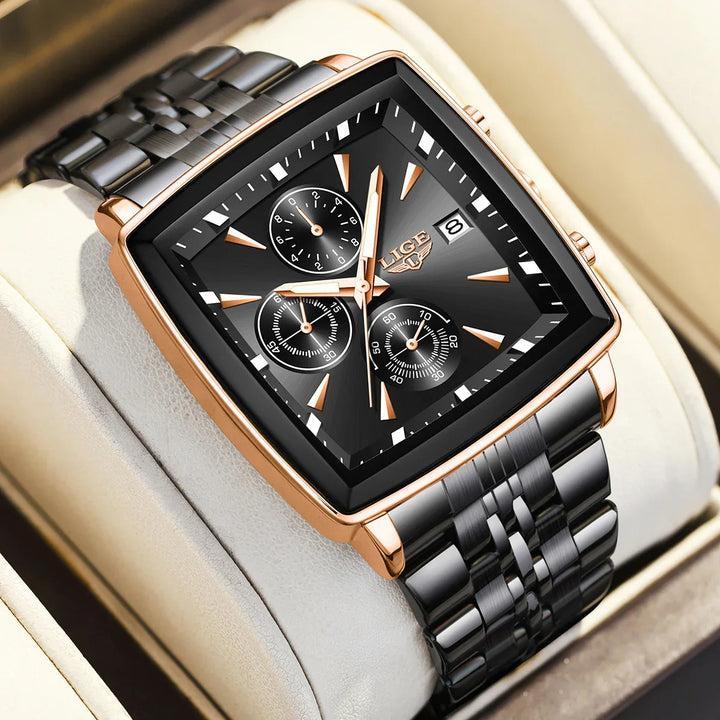 LIGE men's square black dial chronograph wristwatch with rose gold case and metal bracelet