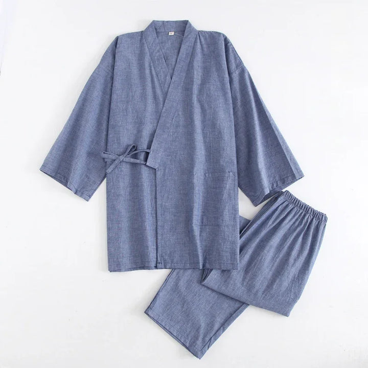 Blue traditional Japanese-style kimono jacket with matching elastic waist pants on white background