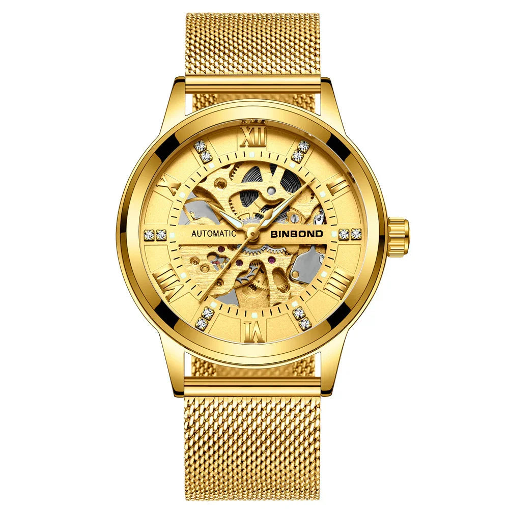 Elegant gold BINBOND automatic wristwatch with mesh band and visible mechanical gears