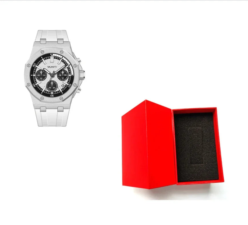 White wristwatch with black chronograph dials and white rubber strap beside open red box with black foam insert