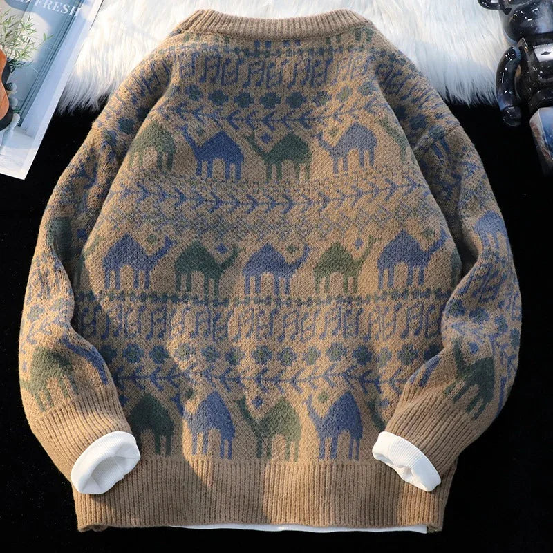 Brown knitted sweater with blue and green camel patterns and geometric designs