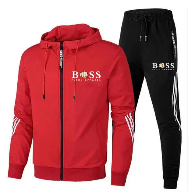 Red zip-up hoodie and black jogger pants tracksuit with white stripes and BOSS Flexx Apparel logo