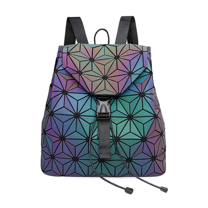 Colorful geometric pattern backpack with black straps and front buckle closure