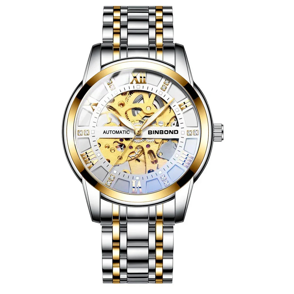 Binbond automatic men's wristwatch with gold skeleton dial and two-tone silver and gold metal bracelet