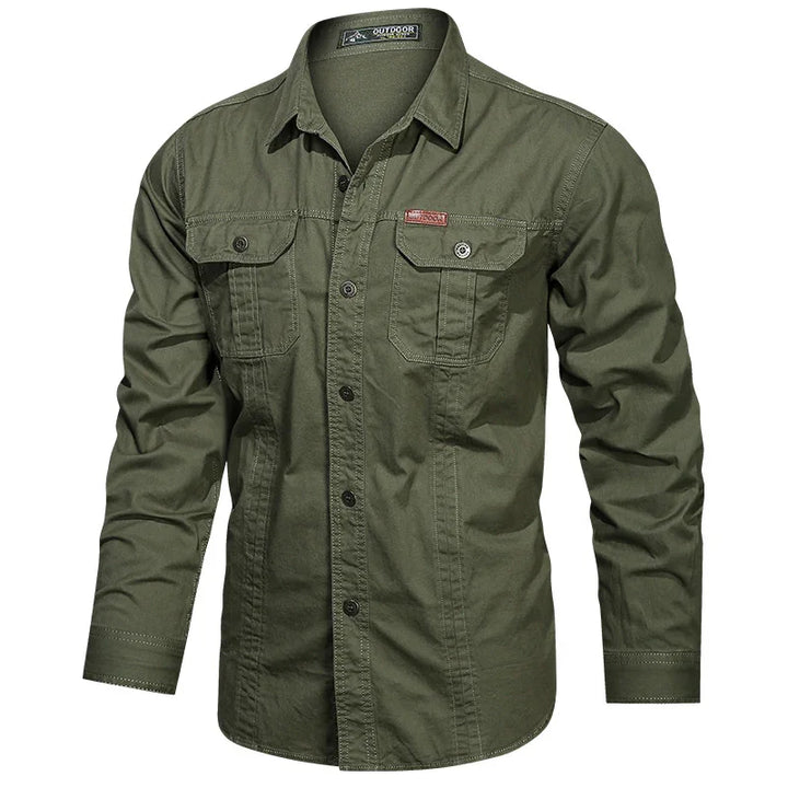 Men's olive green long sleeve outdoor utility shirt with button pockets and collar
