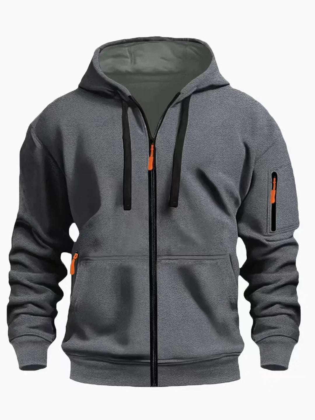 Grey fleece zip-up hoodie with black drawstrings and orange zipper pulls, featuring front and sleeve pockets
