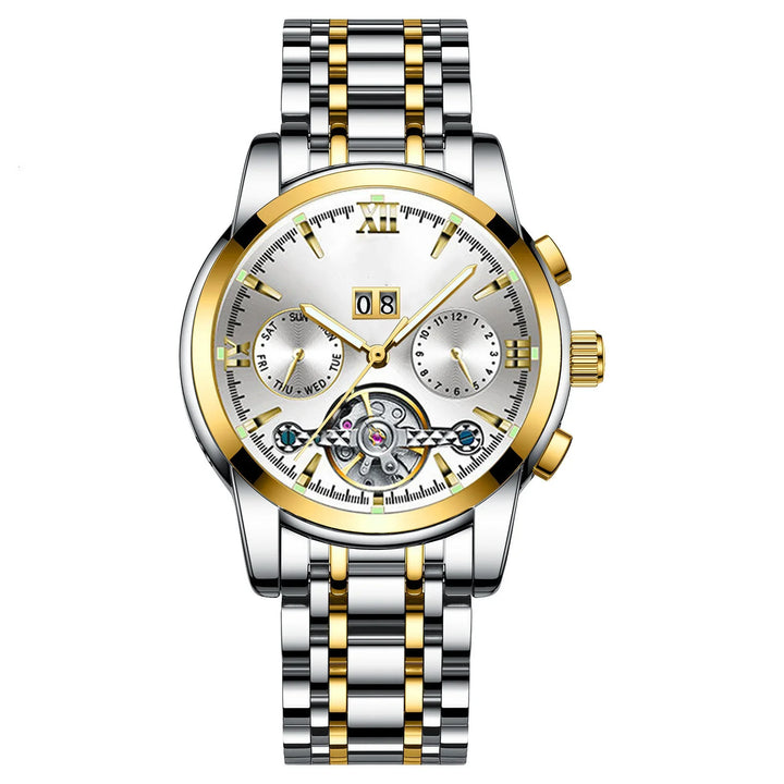 Luxury silver and gold wristwatch with white dial, date, day, 24-hour subdials, and mechanical detail