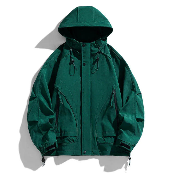 Dark green hooded outdoor jacket with front zipper, drawstrings, and zippered side pockets
