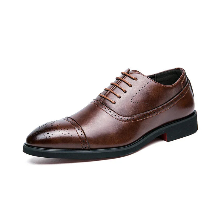 Elegant brown leather men's dress shoe with brogue detailing and black sole