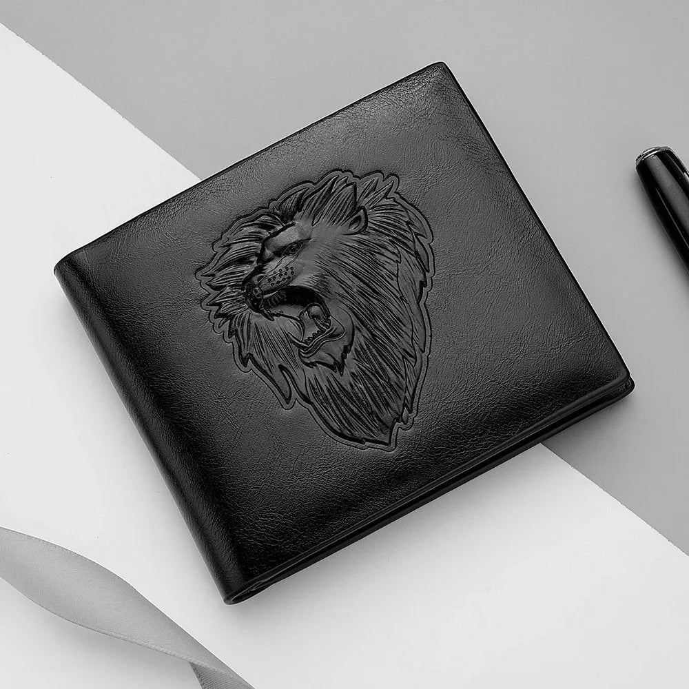 Black leather wallet with embossed roaring lion design placed on gray and white background