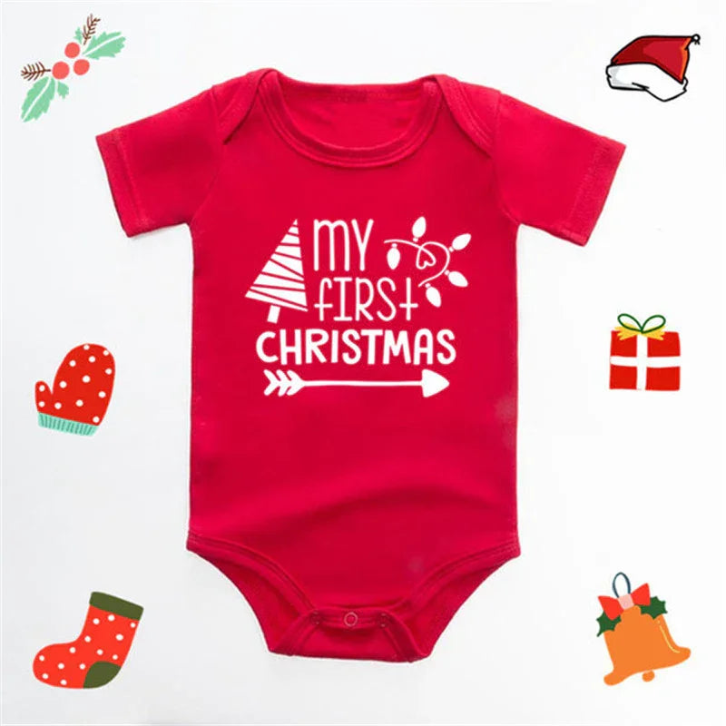 Red baby onesie with white text My First Christmas and holiday-themed icons around