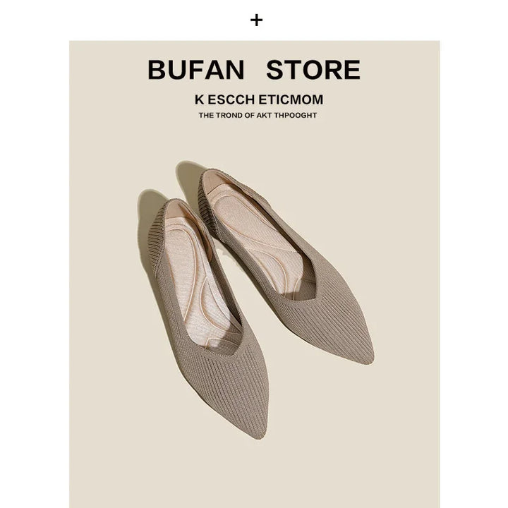Beige knit pointed-toe flats shoes displayed on light background with Bufan Store branding