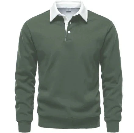 Men's long-sleeve olive green rugby shirt with white collar and button placket