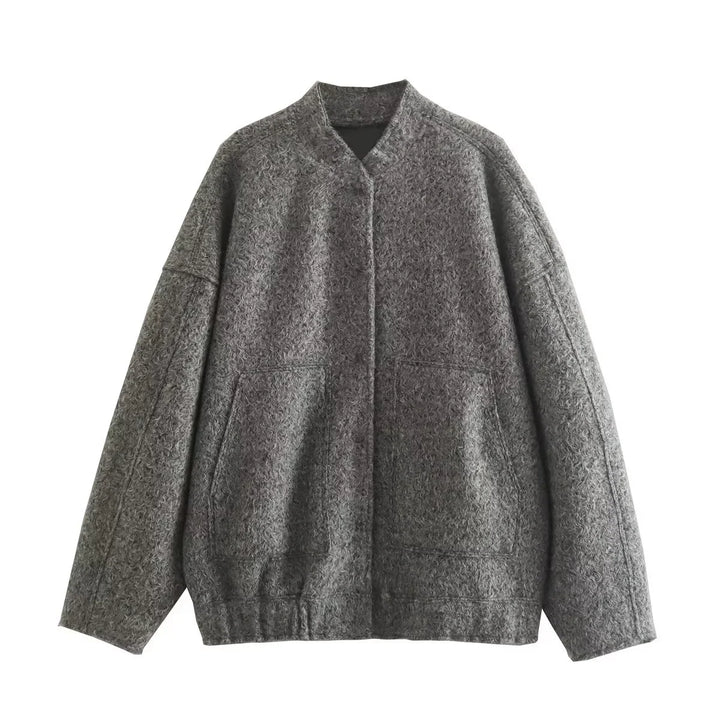 Gray wool blend cozy jacket with a collarless design and front pockets