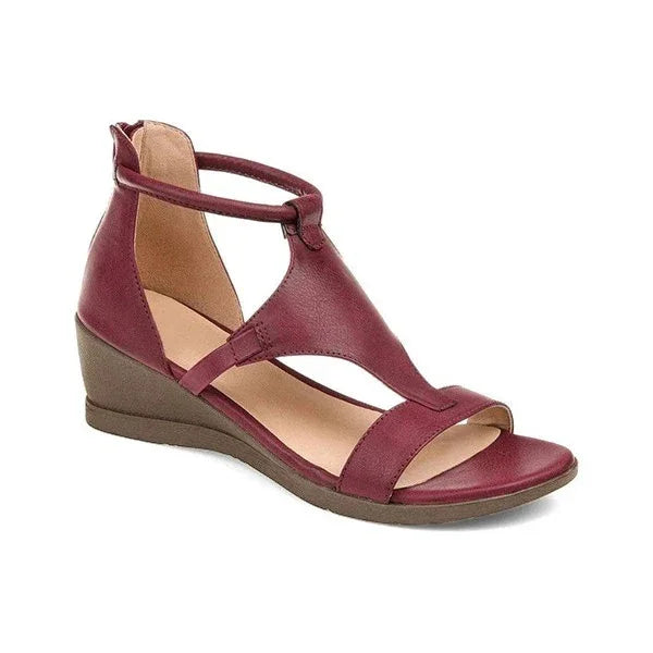 burgundy leather wedge sandal with ankle strap and open toe design